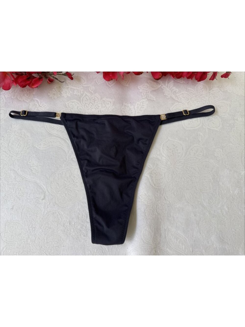 VICTORIA'S SECRET L BLUE ADJUSTABLE STRAP CHARM SILKY V STRING THONG PANTIES NWT